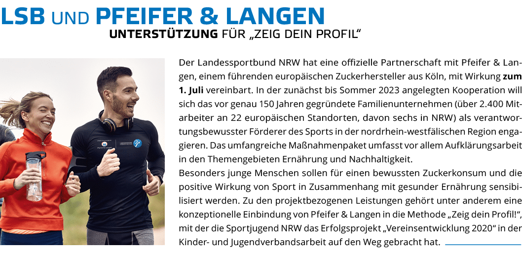 Unterst tzung f r  Zeig dein Profil ,LSB und Pfeifer & Langen,Der Landessportbund NRW hat eine offizielle Partnerscha   