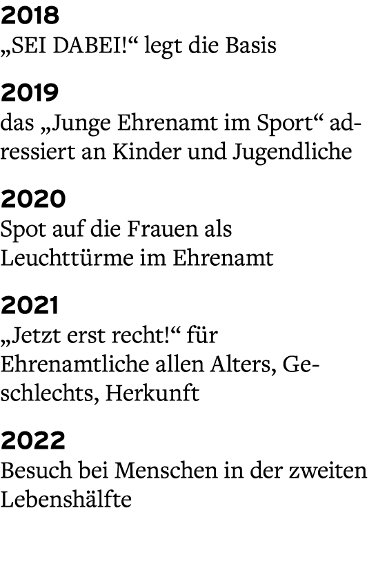2018 „SEI DABEI!“ legt die Basis 2019 das „Junge Ehrenamt im Sport“ adressiert an Kinder und Jugendliche 2020 Spot au...