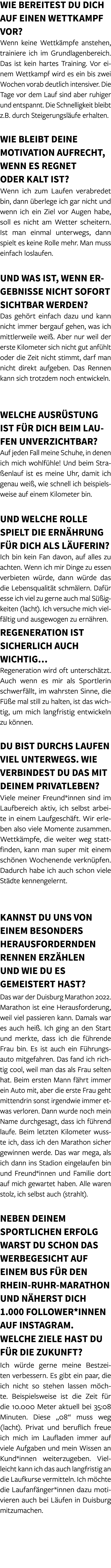 Wie bereitest du dich auf einen Wettkampf vor? Wenn keine Wettk mpfe anstehen, trainiere ich im Grundlagenbereich. Da...