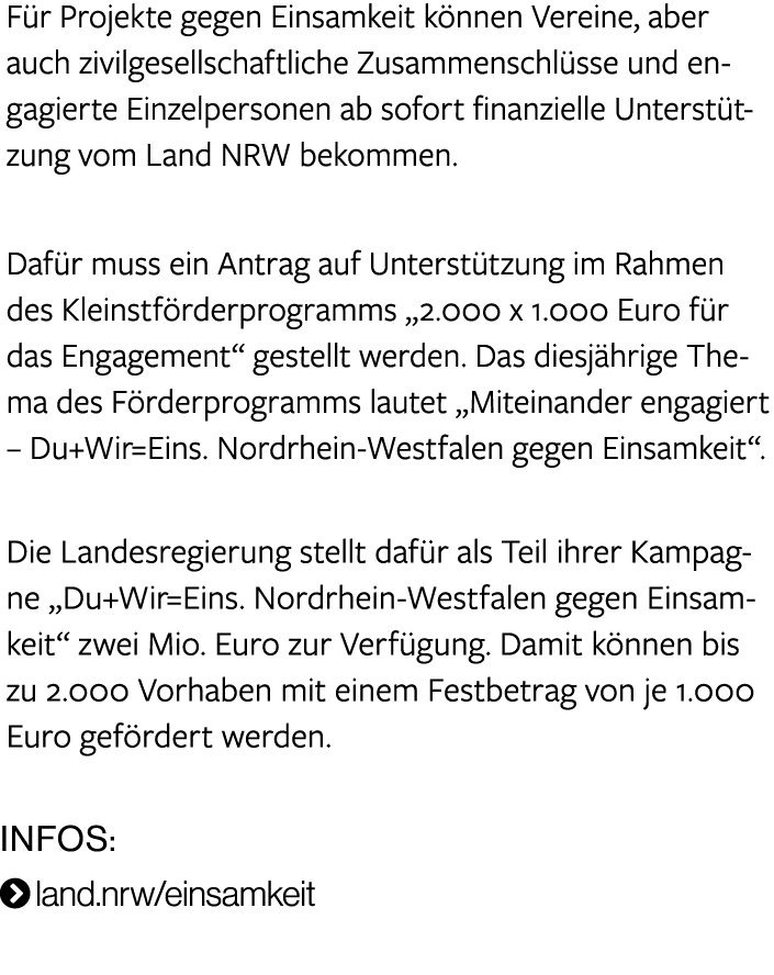 F r Projekte gegen Einsamkeit k nnen Vereine, aber auch zivilgesellschaftliche Zusammenschl sse und engagierte Einzel...