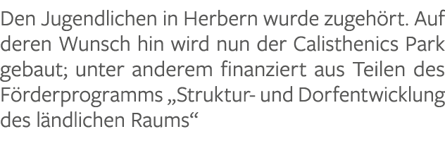 Den Jugendlichen in Herbern wurde zugeh rt. Auf deren Wunsch hin wird nun der Calisthenics Park gebaut; unter anderem...
