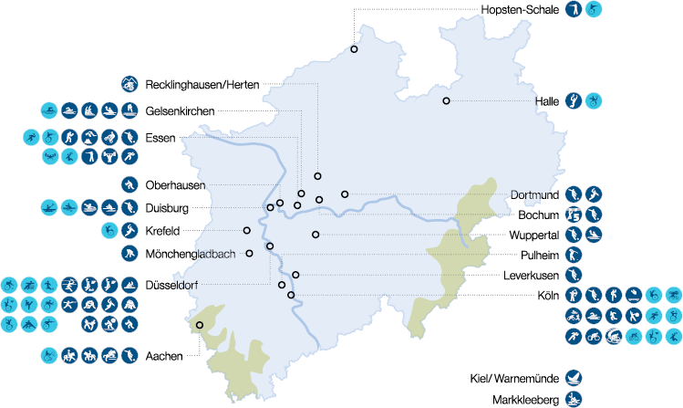 Karte der Austragungsorte der Olympia Bewerbung von NRW 2036. Karte Entwurfswerk