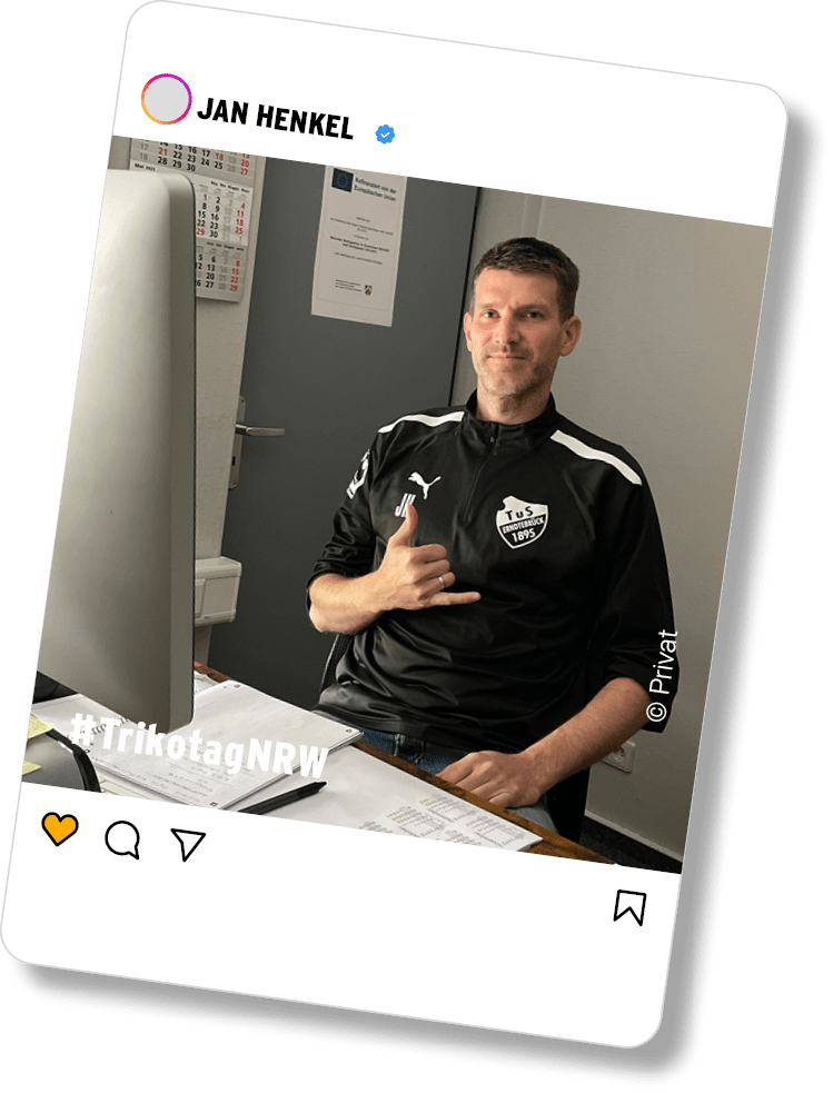 Instagramposts verschiedener Sportvereinsmitglieder die zum #TrikotagNRW ihr Vereinstrikot am Arbeitsplatz, in der Schule oder in der Freiziet anzogen