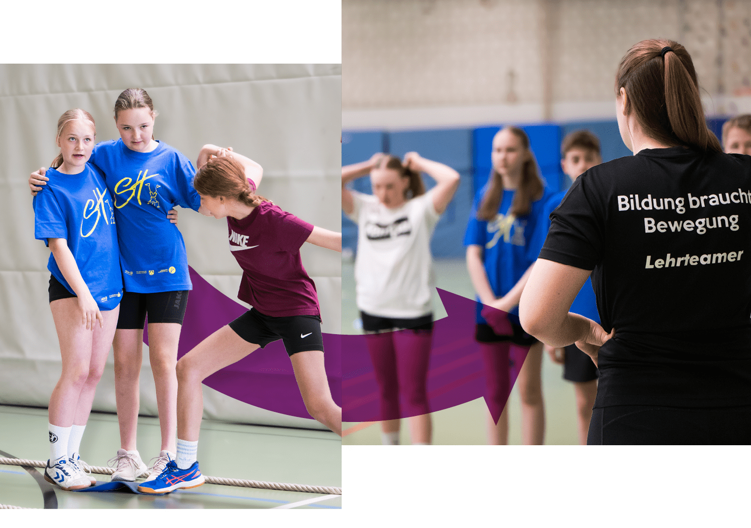Die Collage zeigt links ein Bild mit Sporthelfer und rechts eine Sportlehrerin. Verbunden sind die beiden Bilder ber einen Pfeil. Es dr ckt die Hoffnung aus das viele Sporthelfer sp ter im Sport arbeiten