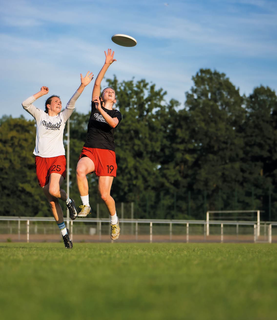 Discogolf - Zwei Frauen springen hoch und versuchen die Frisbee zu fangen