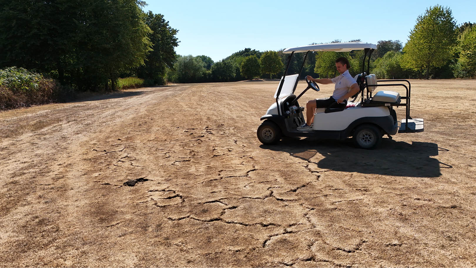 Eine Person sitzt in einem Golfwagen auf einem trockenen, rissigen Feld mit B umen im Hintergrund. Beschreibung von KI generiert