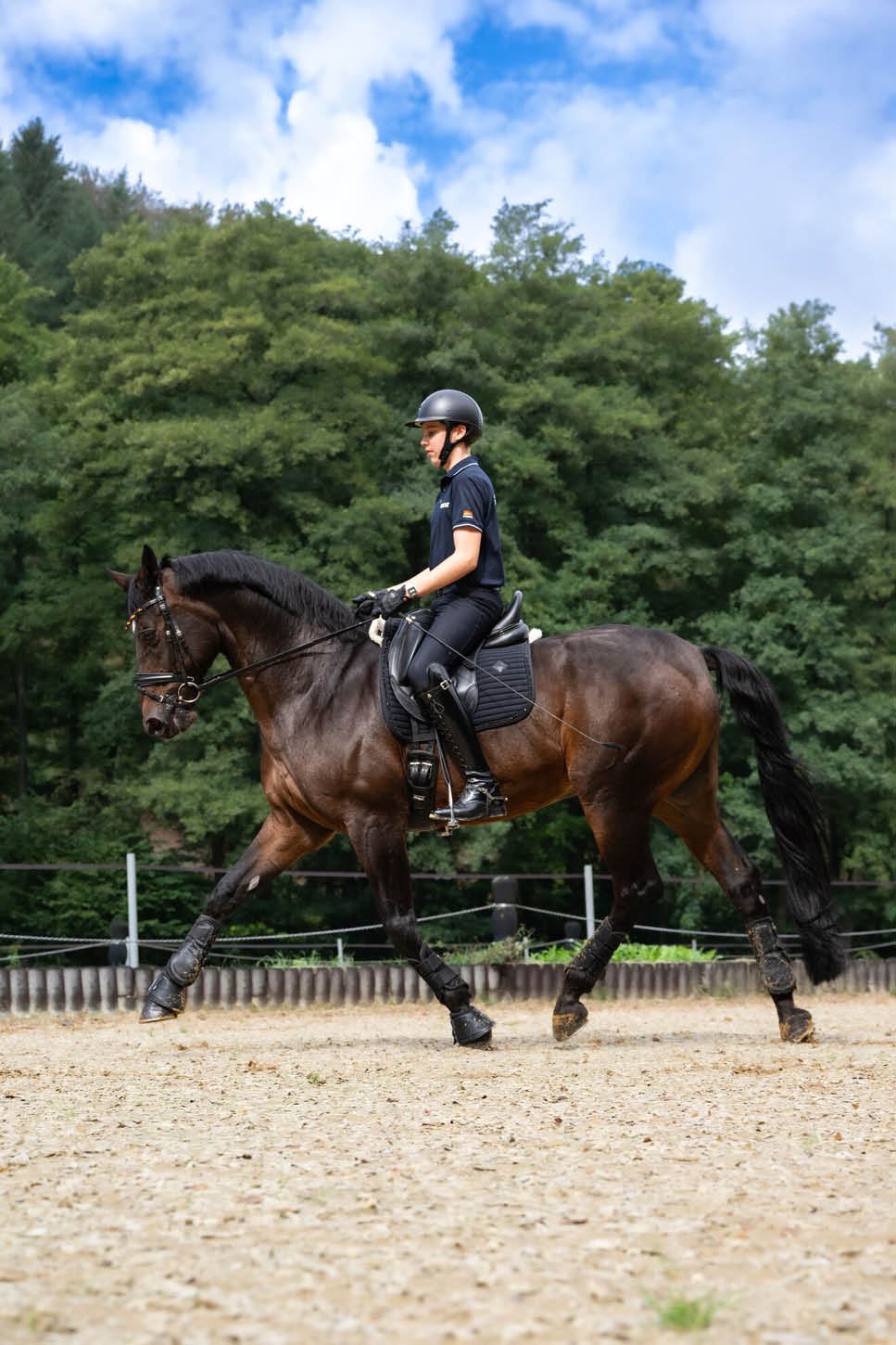 Eine Person in Reitkleidung und Helm reitet in einer Sandbahn auf einem braunen Pferd vor einem Hintergrund aus gr nen B umen und blauem Himmel. Beschreibung von KI generiert