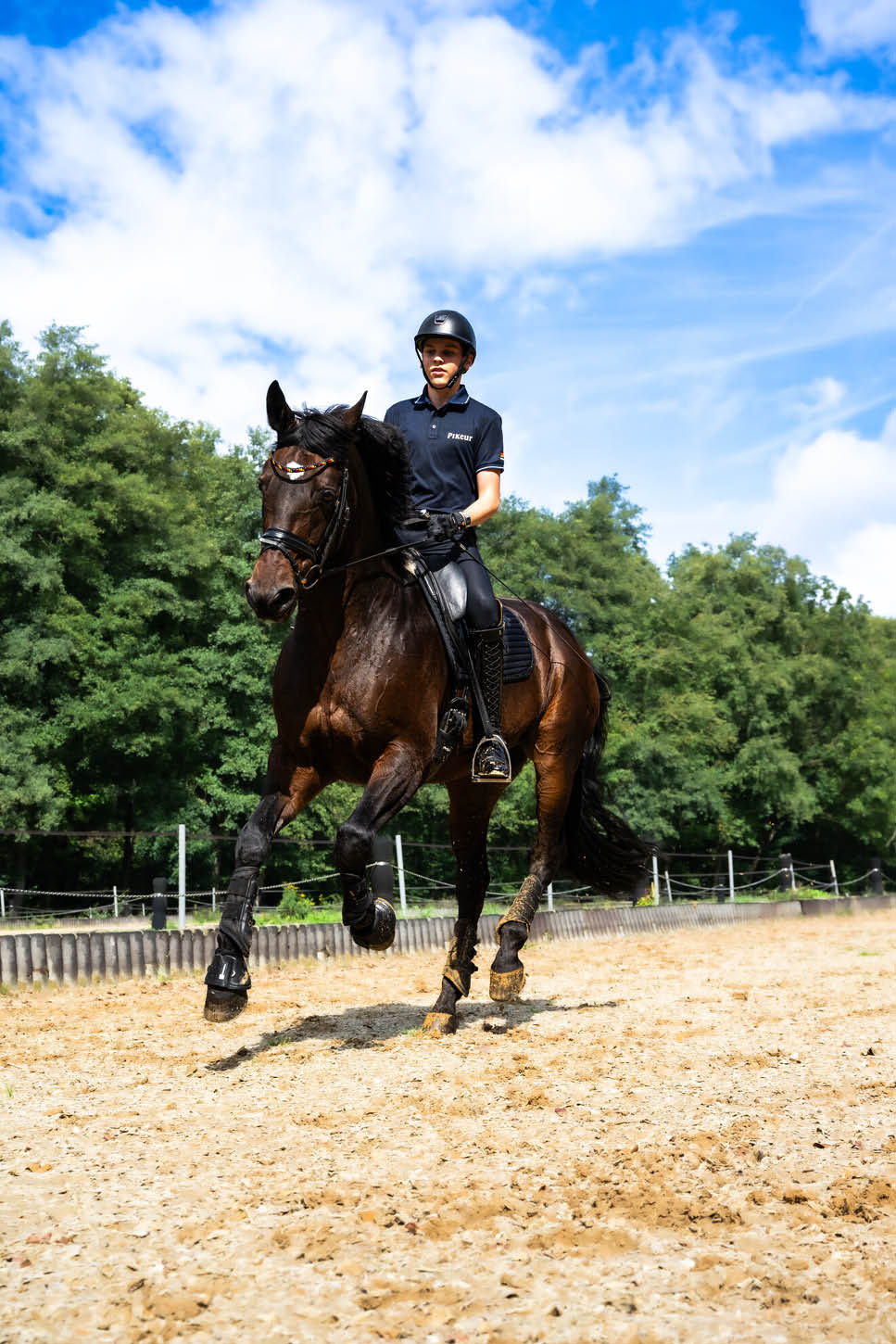 Eine Person in Reitkleidung und Helm reitet auf einem braunen Pferd auf einem Sandplatz vor einem Hintergrund aus gr nen B umen und blauem Himmel. Beschreibung von KI generiert