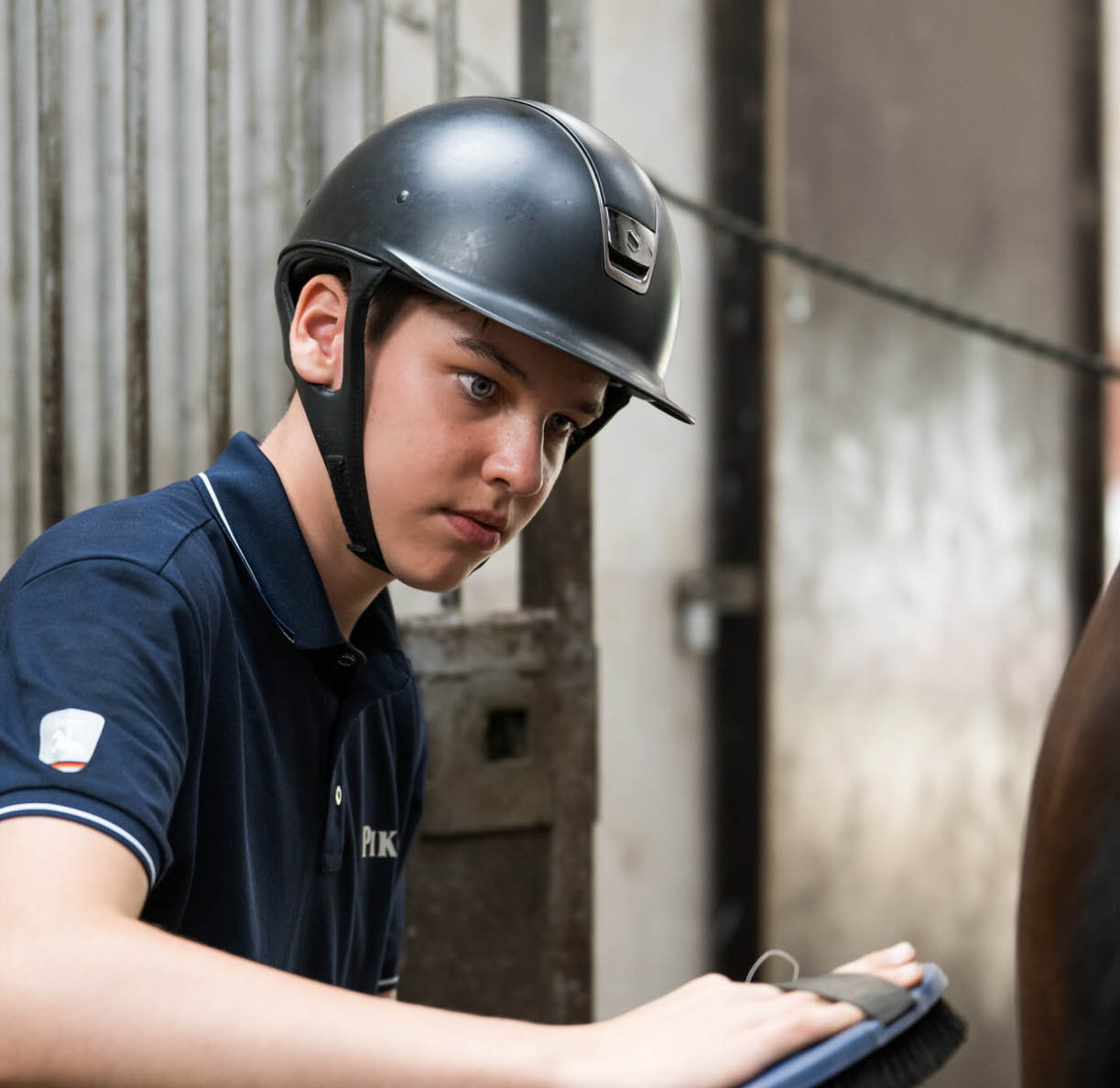 Eine Person mit Helm b rstet sorgf ltig ein Pferd in einem Stall. Beschreibung von KI generiert