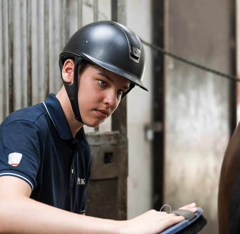 Eine Person mit Helm b rstet sorgf ltig ein Pferd in einem Stall. Beschreibung von KI generiert